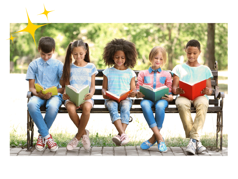 Five kids sit at a bench in a park filled with trees. Each reads a book in their lap. Stars pop up around the books as the gif plays.