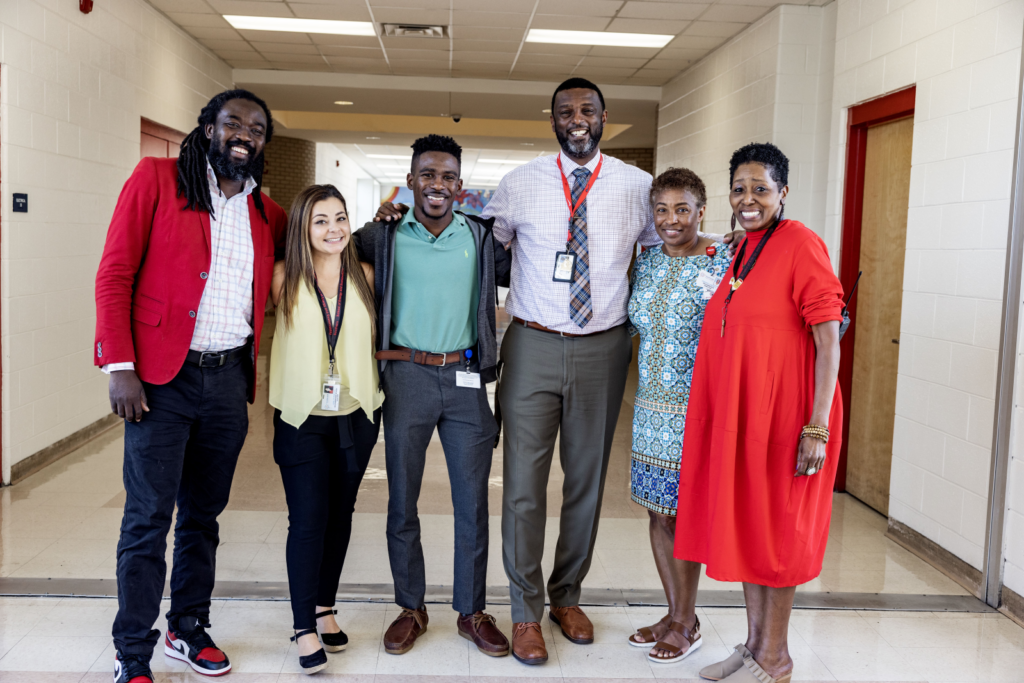 Durham Public Schools' Southern School of Energy and Sustainability staff members Dare Kumolu-Johnson, Jerome Leathers, Lilly Norman, Jennifer Hull Campbell, Joseph Rattigan, Joselyn Montoya Granados (left to right).