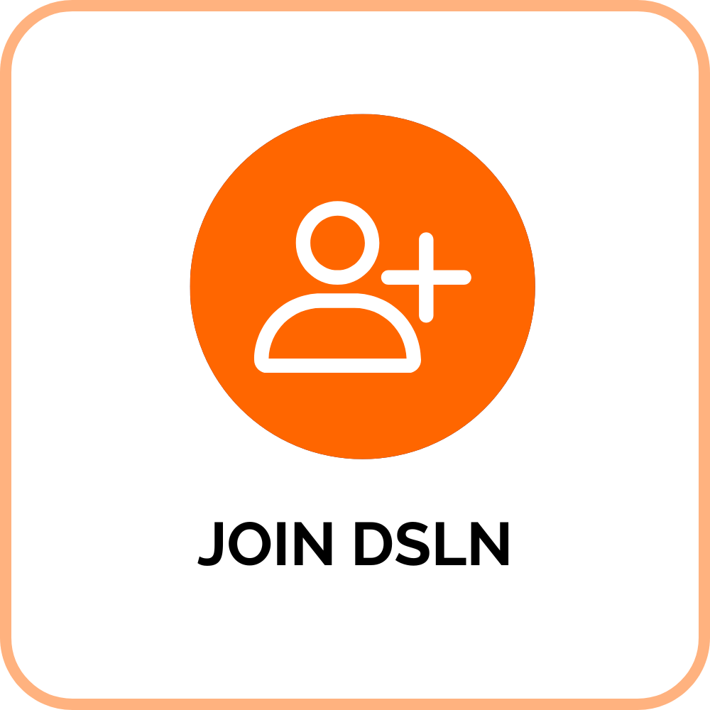 The Join DSLN page button: A white rounded square with an orange outline, icon of a person with a plus sign in the middle, and the text "Join DSLN"
